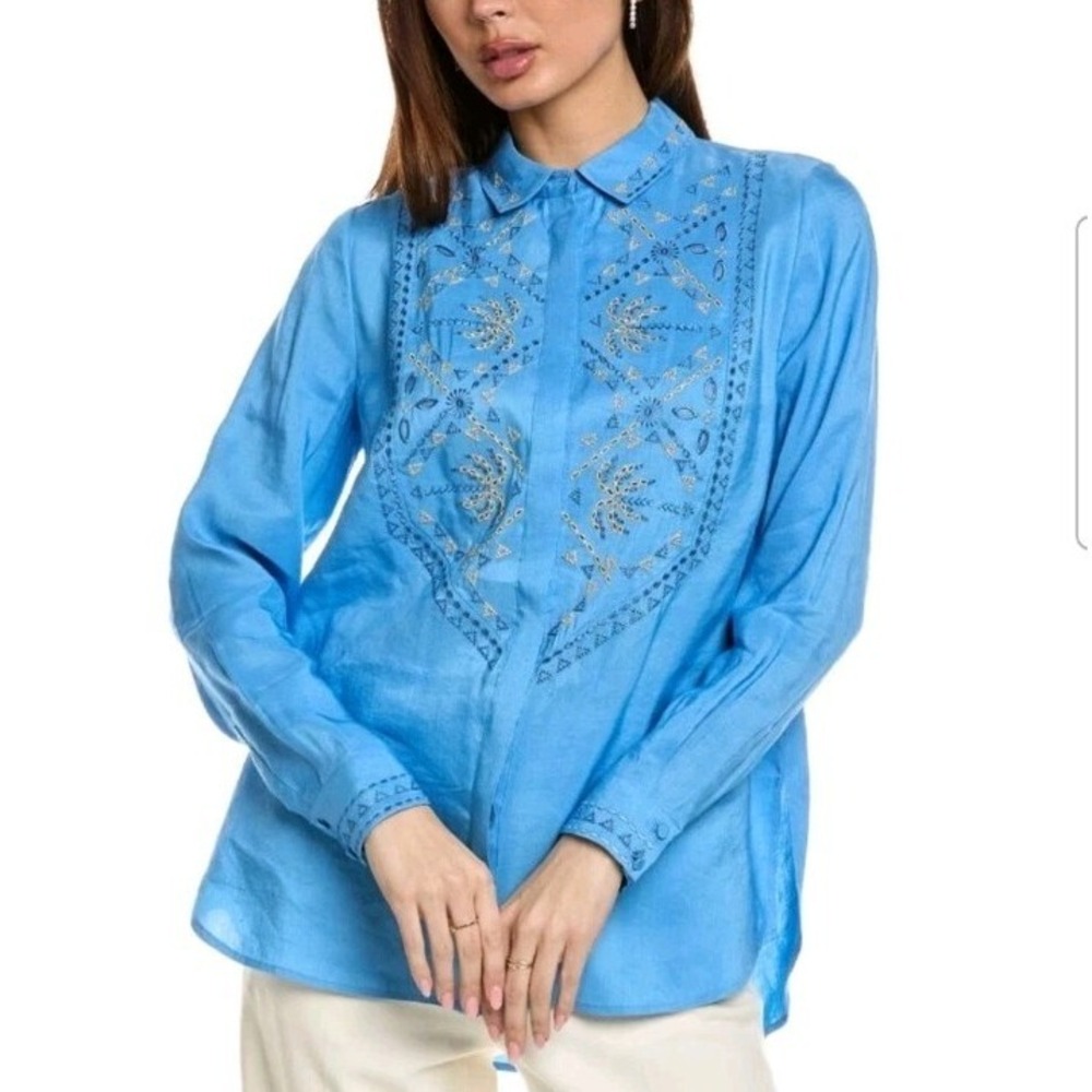 Kobi Halperin Women's XS Genevieve Embroidered Linen Blend Blouse In Blue
